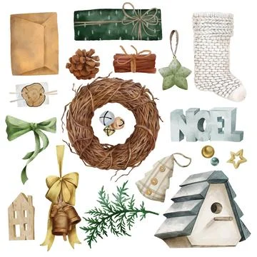Rustic christmas elements collection, hand drawn vector Stock Illustration