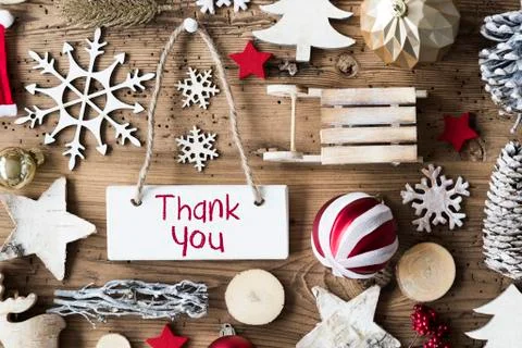 Rustic Christmas Flat Lay, Text Thank You Stock Photos