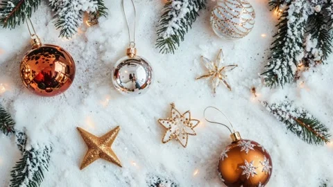 Rustic Christmas Ornaments on Snowy Pine Branches with Golden Accents Stock Footage 294508857