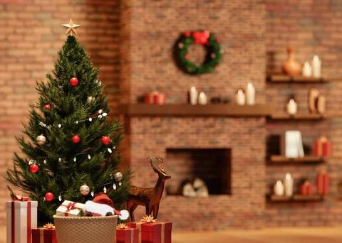 Rustic Christmas Scene with Tree and Fireplace 3D Render 스톡 일러스트