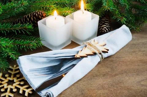 Rustic Christmas Table Setting for Christmas Eve. Winter Holidays. Stock Photos