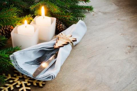 Rustic Christmas Table Setting for Christmas Eve. Winter Holydays. Foto stock