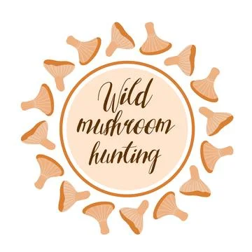 Rustic circle label with wild mushrooms arranged around text space, perfect for Stock Illustration