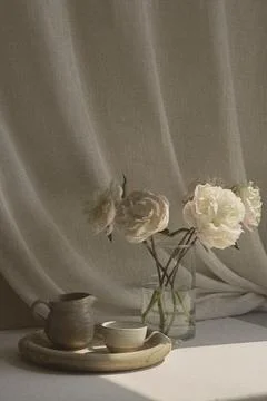 Rustic Clay Cups and White Roses, Pastel Table Setting Stock Photos