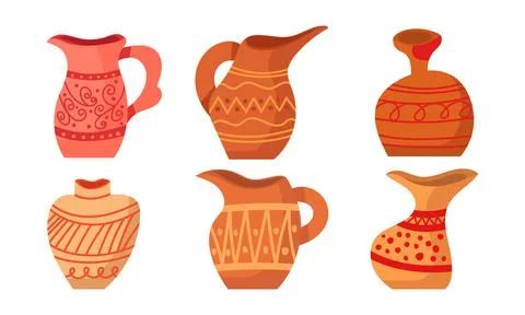 Rustic clay pottery set and brown pot or jug with pattern decorations. Collec Stockillustratie