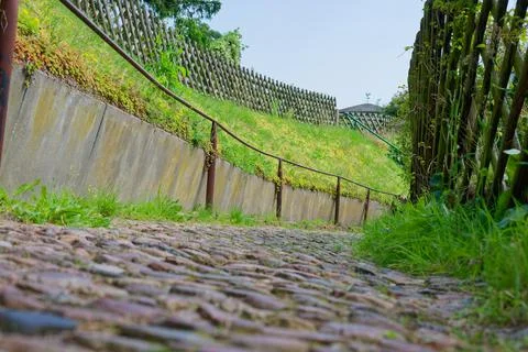 Rustic cobblestone pathway with green grass and wooden fences on a sunny day Stock Photos
