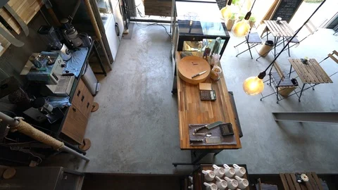 Rustic coffee bar and lounge top view Stock-Footage 88903055