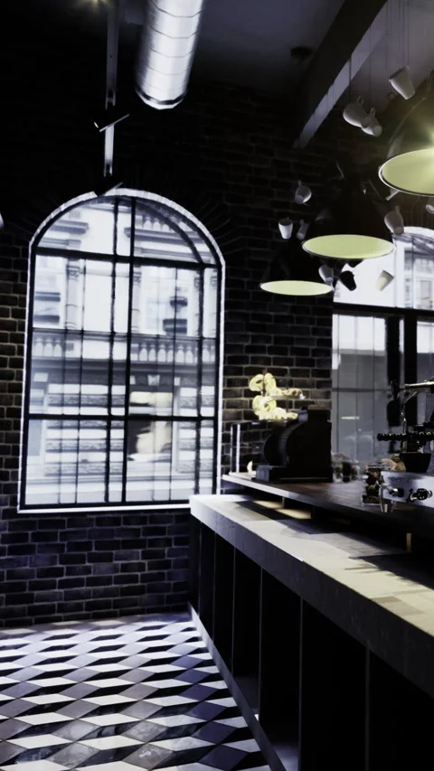 Rustic coffee shop interior with industrial design and large window view Stock Footage 331634209