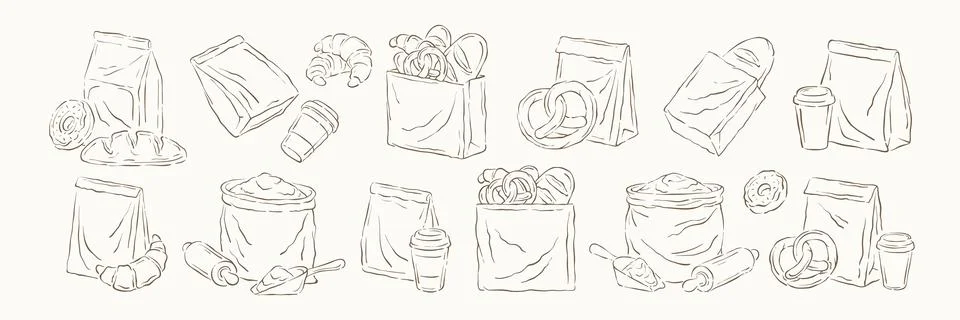 A rustic collection of hand drawn bakery elements. Features paper bags, fresh Illustrazione stock