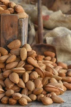 Rustic composition of almonds Stock Photos