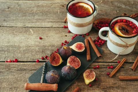Rustic composition with glint wine and ingredients on old wooden table Stock Photos