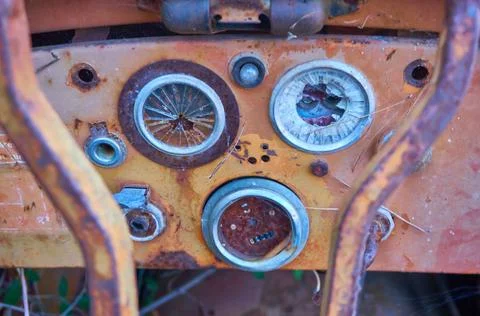 Rustic Control Panel: Abandoned Excavator's Weathered Console Stock Photos