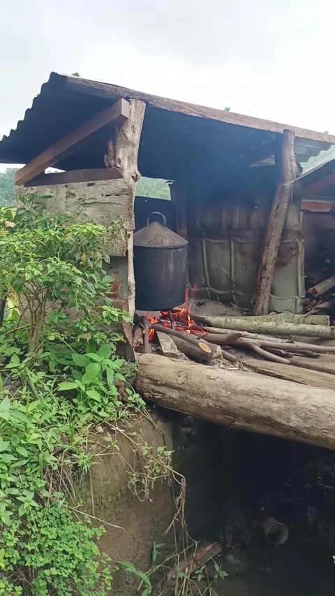 Rustic Cooking: Open Fire Under Shelter in Rural Setting Stock Footage 313482761
