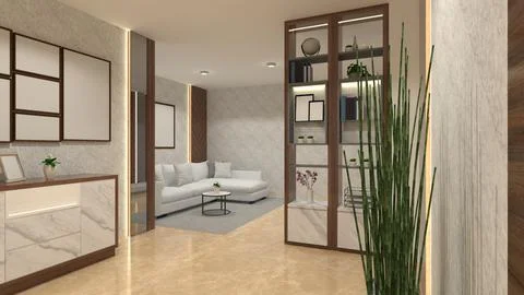 Rustic Corridor Idea with Wooden Drawer Cabinet and Divider Partition Stock Illustration