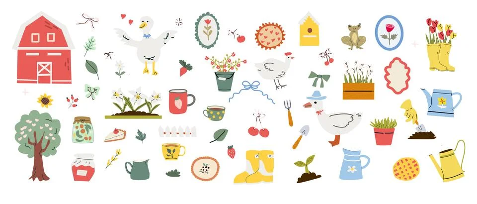 Rustic cottage decor elements for spring and gardening design projects Stock Illustration