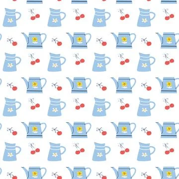Rustic cottage decor pattern with pitchers and cherries for home wall art 库存插图