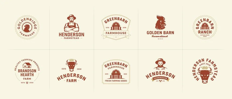 Rustic cottage farm cattle poultry emblem template bundle provides local orga Stock-Illustration