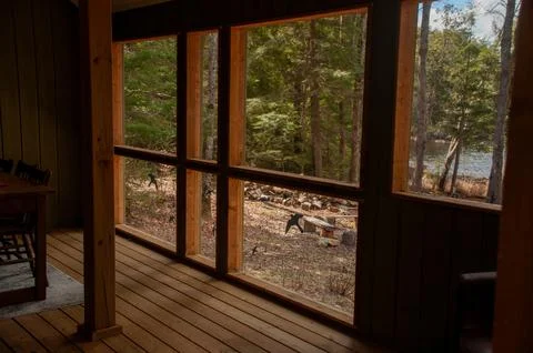 A rustic cottage interior view looking out to a forest and lake Foto stock
