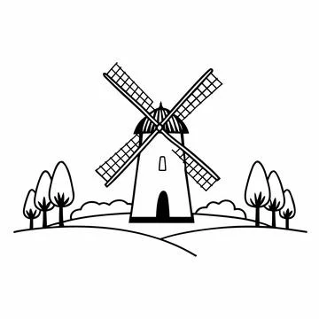 Rustic Country Windmill Flat Vector Stock Illustration