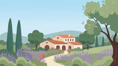 Rustic Countryside Home Mediterranean Flat Design Illustration Illustrazione stock