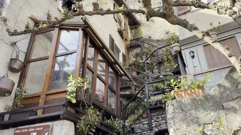 Rustic Courtyard Bay Window Grapevine Flower Pots Limone Garda Stock Footage 331260427