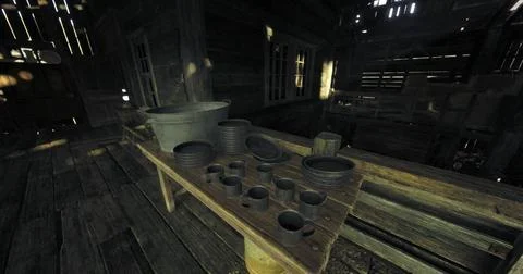 Rustic crafts displayed on a wooden table inside a dimly lit workshop Stock Illustration