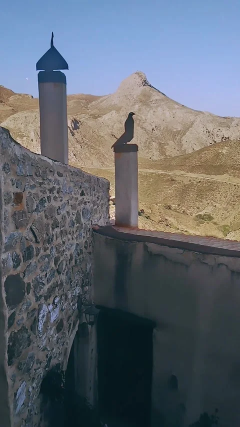 Rustic Cretan Village Rooftop with Spinning Metal Bird Sculptures Stock Footage 307754091