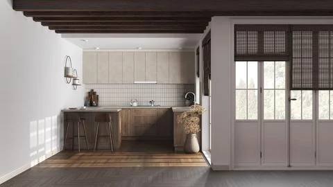 Rustic dark wooden kitchen in white and beige tones. Cabinets, island with .. Illustrazione stock