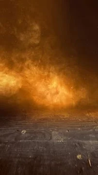 Rustic dark wooden table surface with glowing golden smoke, dust explosion,.. Stock Photos
