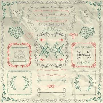 Rustic Decorative Design Elements on Crumpled Paper Stock Illustration