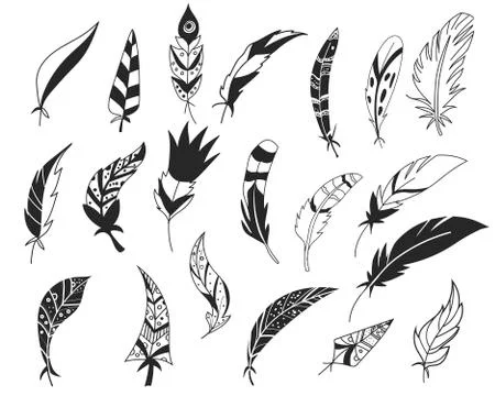 Rustic decorative feathers. Hand drawn vintage vector design set. Tribal Stock-Illustration