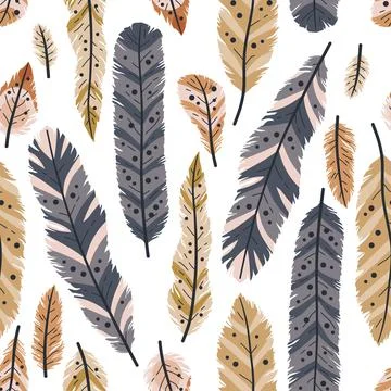 Rustic decorative tribal feathers. Seamless pattern of animals feathers Stock Illustration