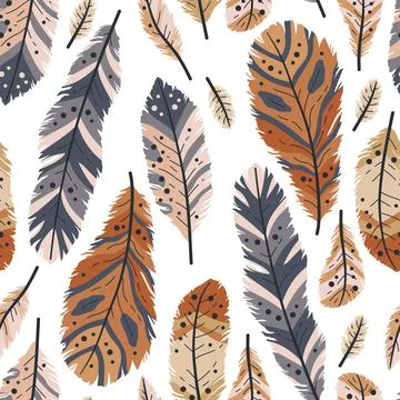 Rustic decorative tribal feathers. Seamless pattern of animals feathers Stock Illustration