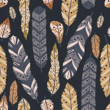 Rustic decorative tribal feathers. Seamless pattern of animals feathers Stock Illustration