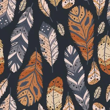 Rustic decorative tribal feathers. Seamless pattern of animals feathers Stock Illustration