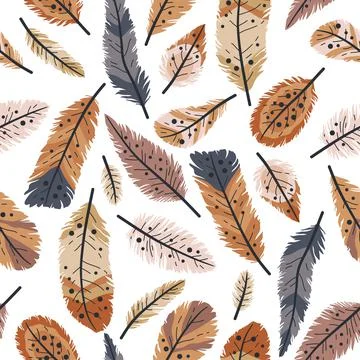 Rustic decorative tribal feathers. Seamless pattern of animals feathers Stock Illustration