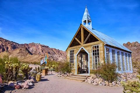Rustic Desert Chapel in Nevada Ghost Town Eye-Level View 写真素材