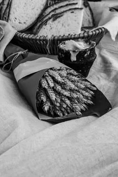 Rustic design set ears of wheat large bouquet basket bread pot oil tinted bac Stock Photos