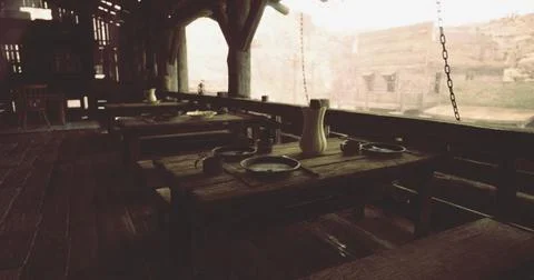 Rustic dining area with wooden tables in an ancient structure during daytime Stock Illustration