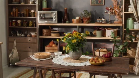 Rustic Dining Table Decorated with Autumn Pie and Flowers Stock Footage 341394360