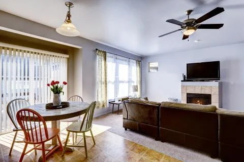 Rustic dining table set with tulips and living room Stock Photos