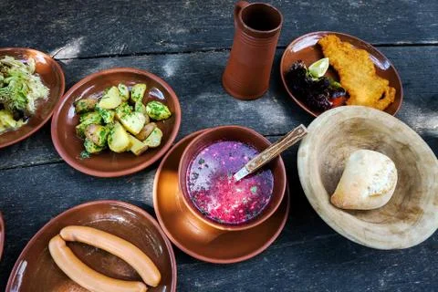 Rustic dinner cooked in austrian cuisine, top view Foto stock