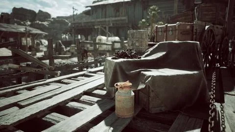 Rustic dockside setting with vintage crate, jug, and old wagon in the afterno 库存插图