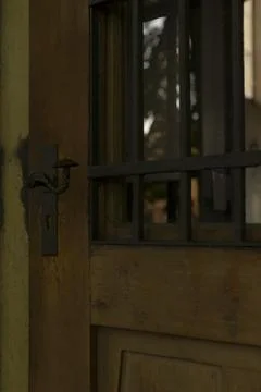 Rustic door handle. Dim reflection on textured workshop entrance Stock Photos