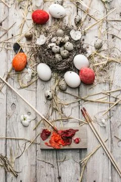 Rustic easter decorations on wooden table Stock Photos