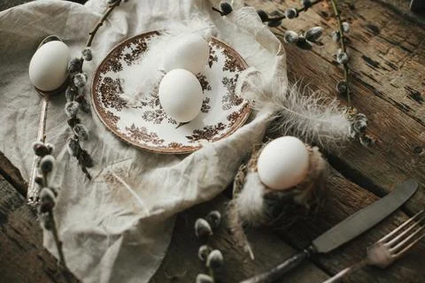 Rustic Easter still life. Natural egg in nest with feathers, vintage plate,.. Stock Photos