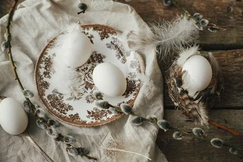 Rustic Easter still life. Natural egg in nest with feathers, vintage plate,.. Stock Photos
