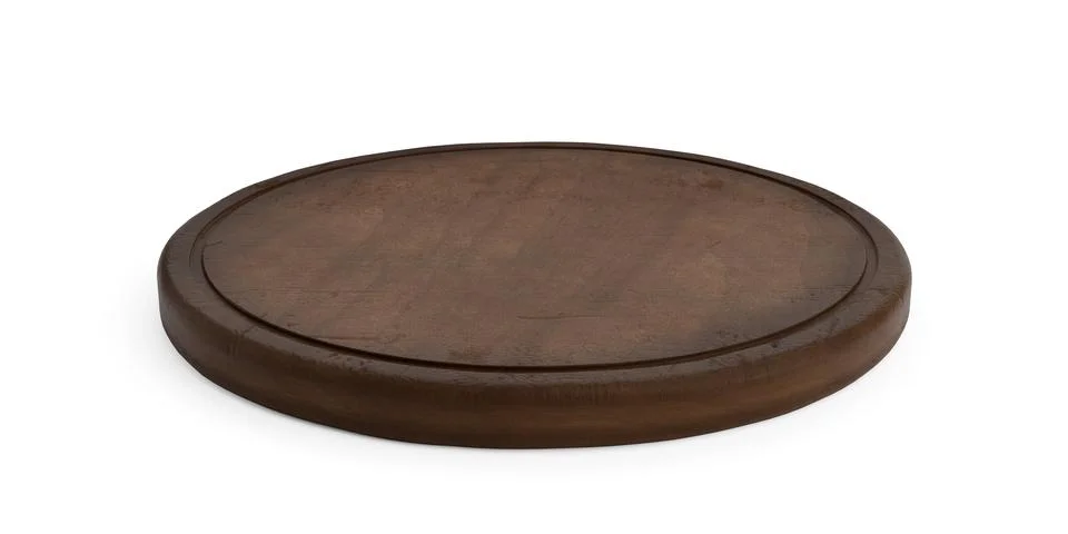 Rustic empty round wooden cutting or chopping board on white background ang.. Stock Illustration