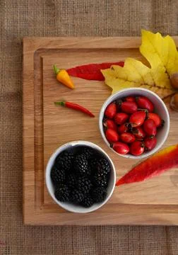 Rustic Fall Composition with Rose Hip Berries and Vibrant Autumn Leaves Foto stock