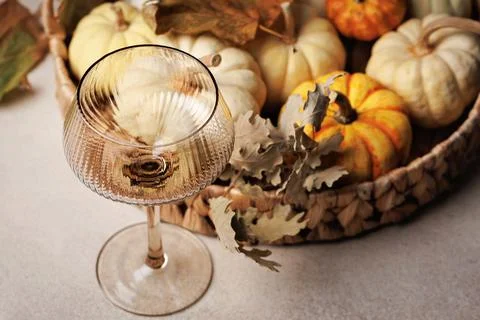 Rustic fall decor with pumpkins and oak leaves Stock Photos